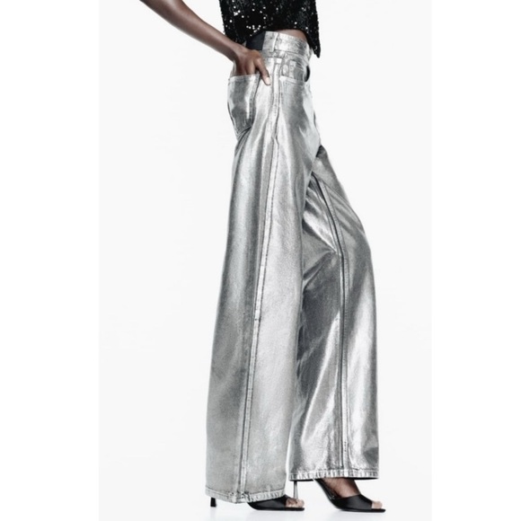 Zara Z1975 MID RISE STRAIGHT CUT METALLIC FOIL JEANS Blue Silver NWOT Size 4 - Picture 1 of 10